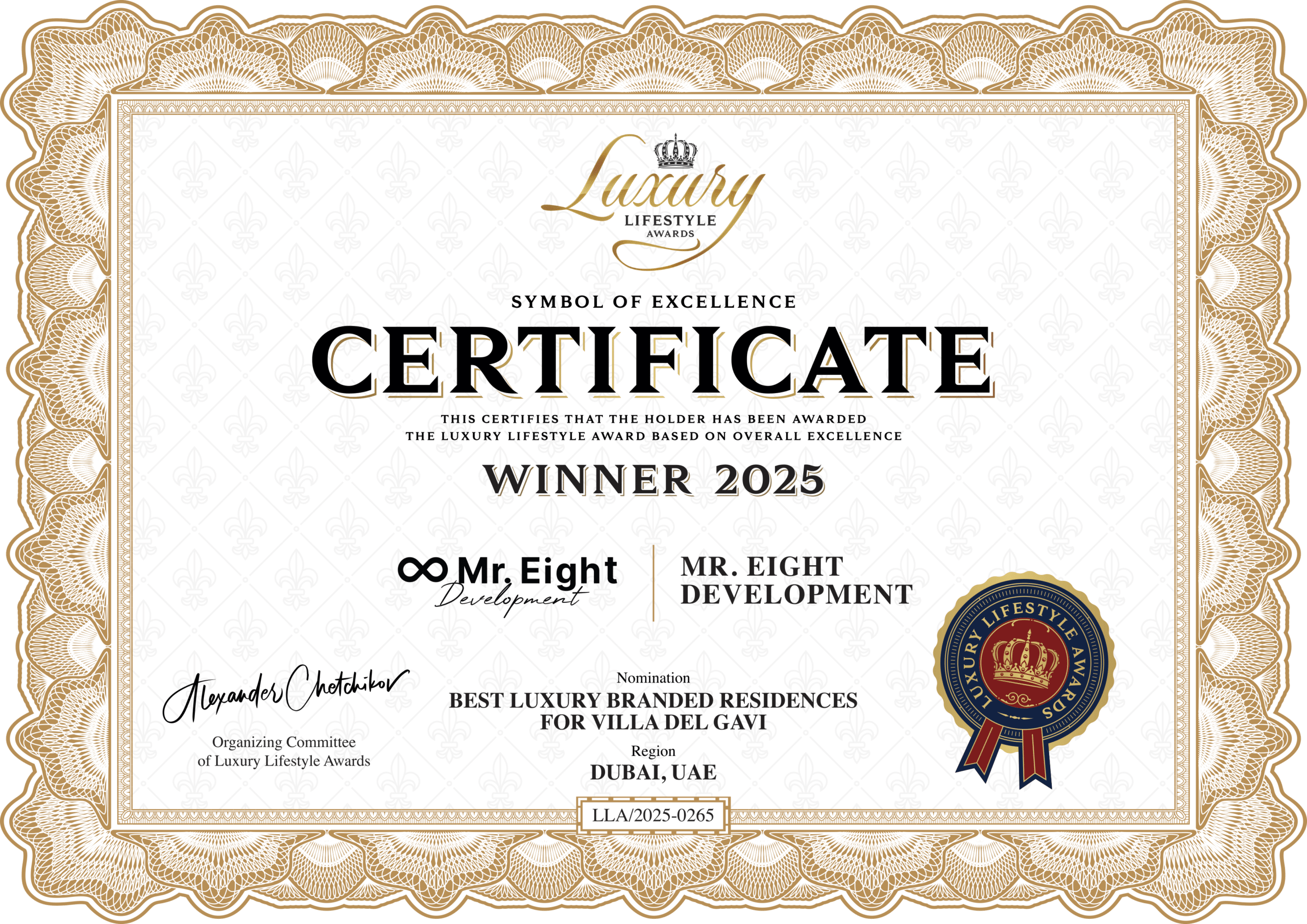 Certificado de los Luxury Lifestyle Awards 2025 otorgado a Mr. Eight Development
