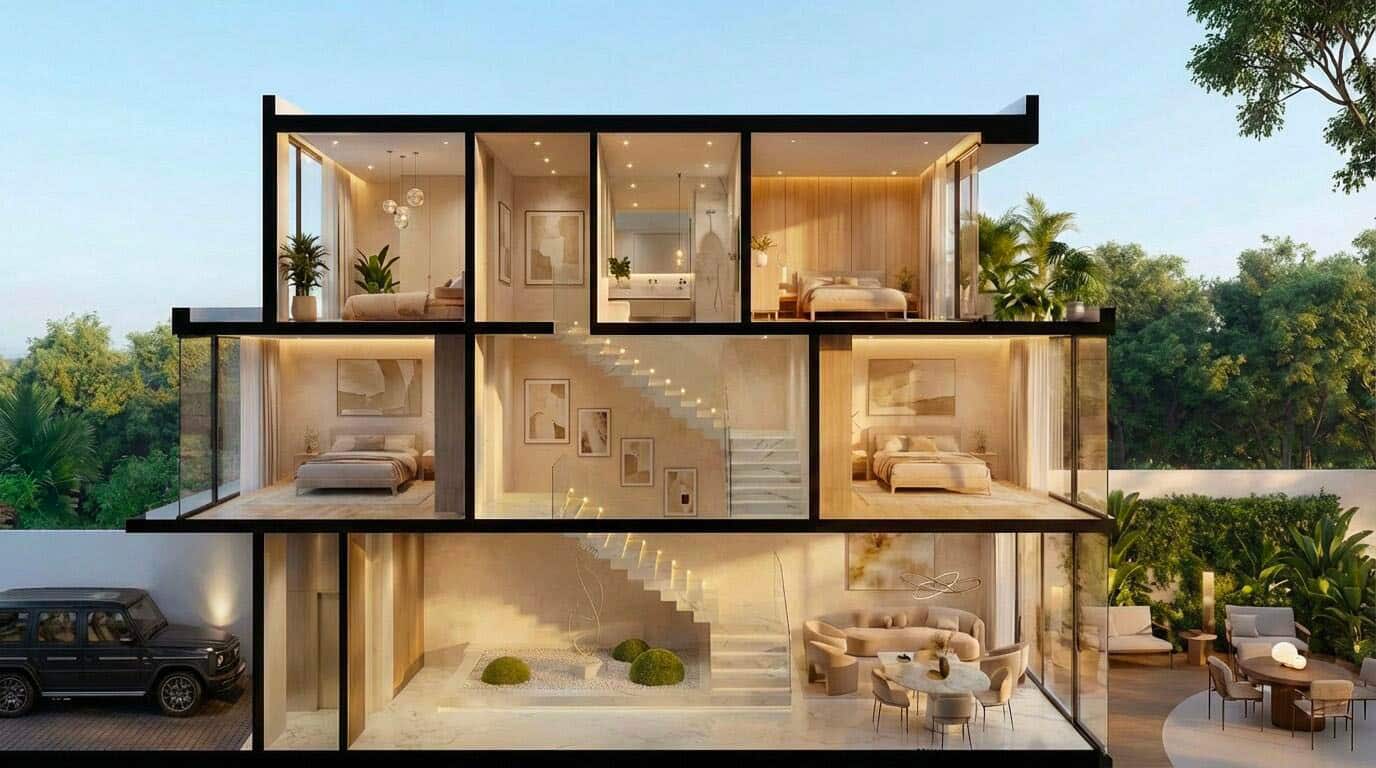 Int&eacute;rieur design d'une r&eacute;sidence Lunaya by Zaya, doubles hauteurs et lumi&egrave;re naturelle