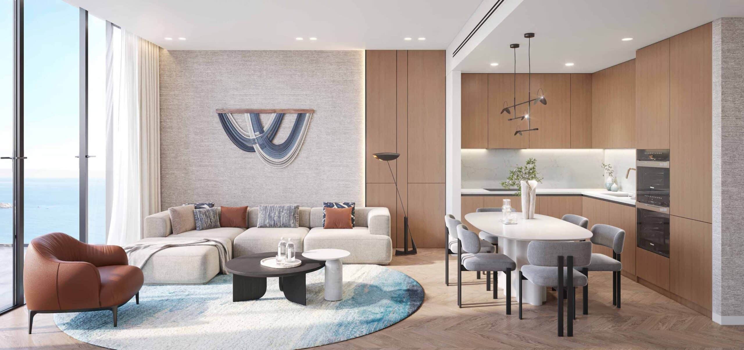 Salón con vistas al mar de un apartamento de las Sheraton Residences en Al Marjan Island
