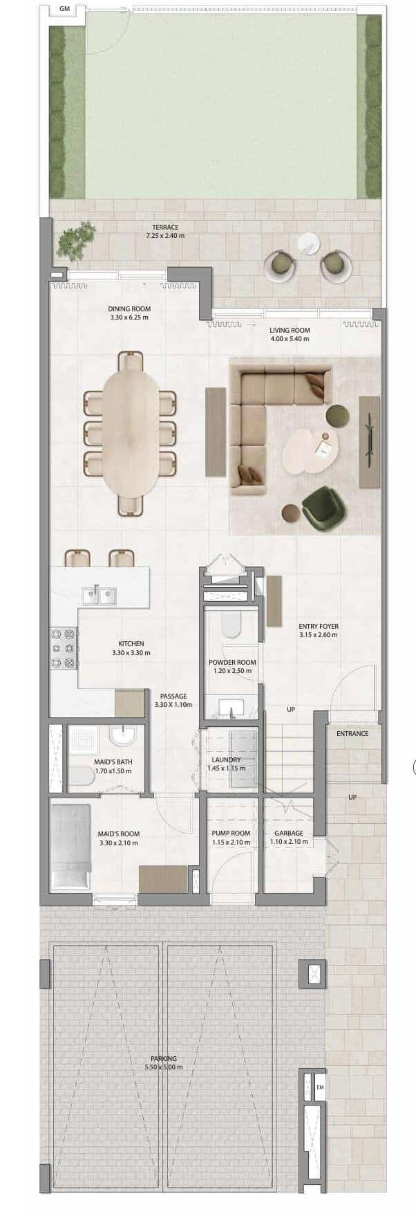 Plano de una casa adosada de 3 dormitorios en The Valley by Emaar, distribuida en dos plantas