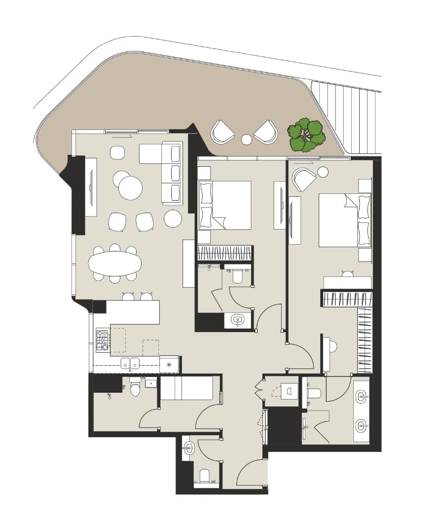 План двухкомнатной квартиры типа A площадью 158 м² в комплексе Artistry One Residences