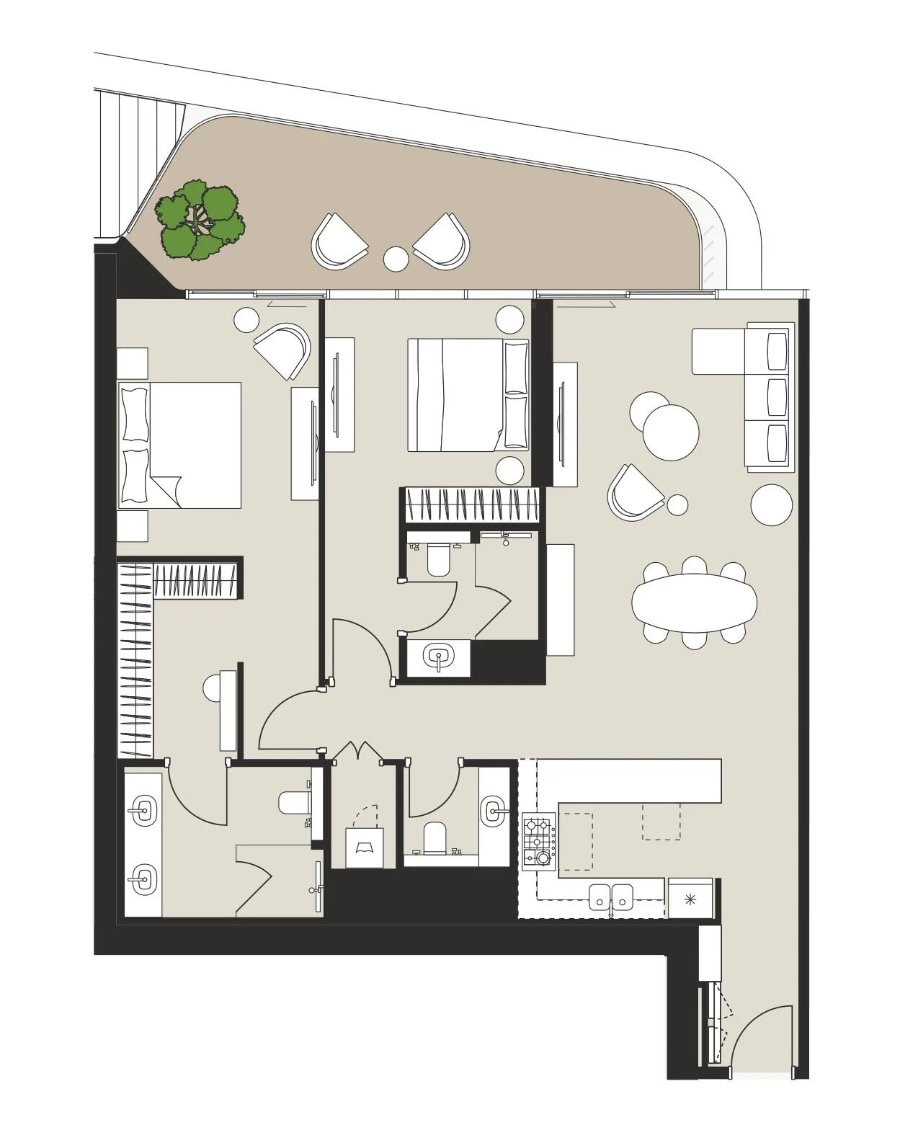 План двухкомнатной квартиры типа B площадью 136 м² в комплексе Artistry One Residences