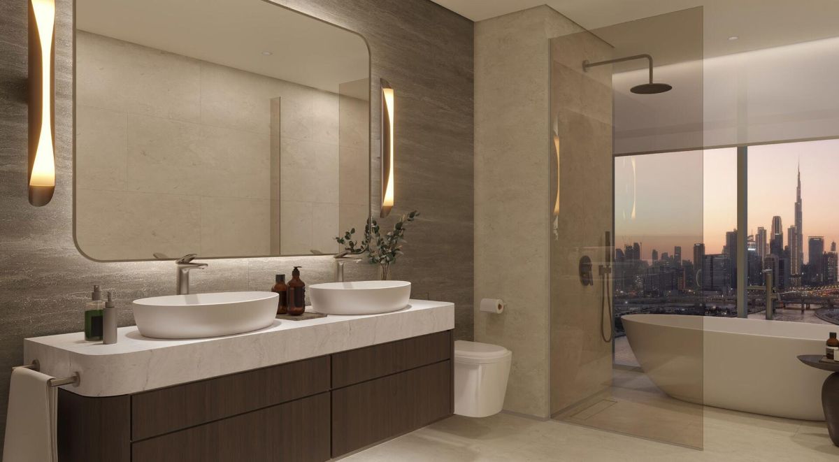Ванная комната в комплексе Artistry One Residences с двойной раковиной и отделкой из матового никеля