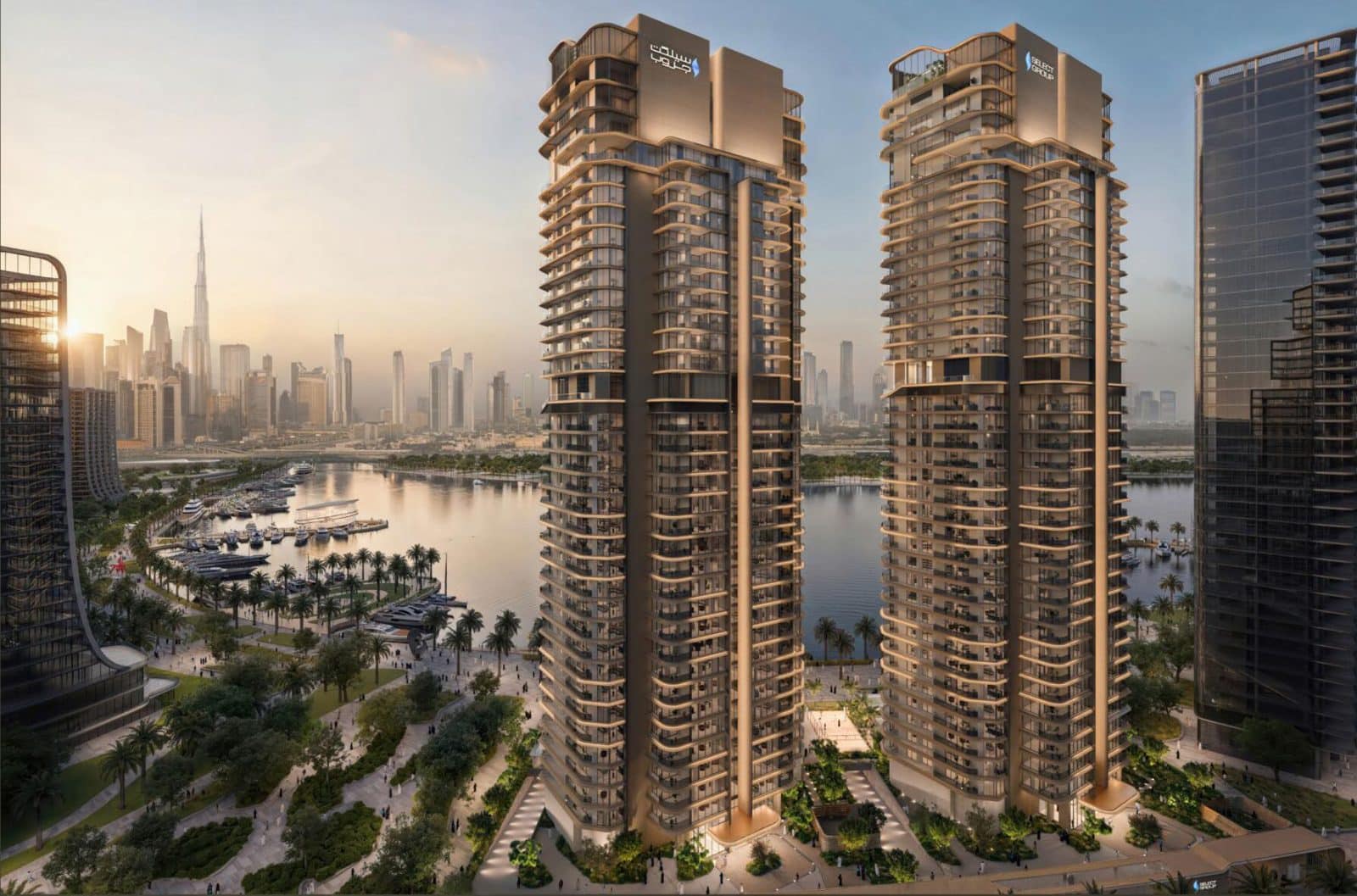 Artistry One Residences от Select Group в Dubai Design District — небоскребы на берегу Дубайского канала в сумерках