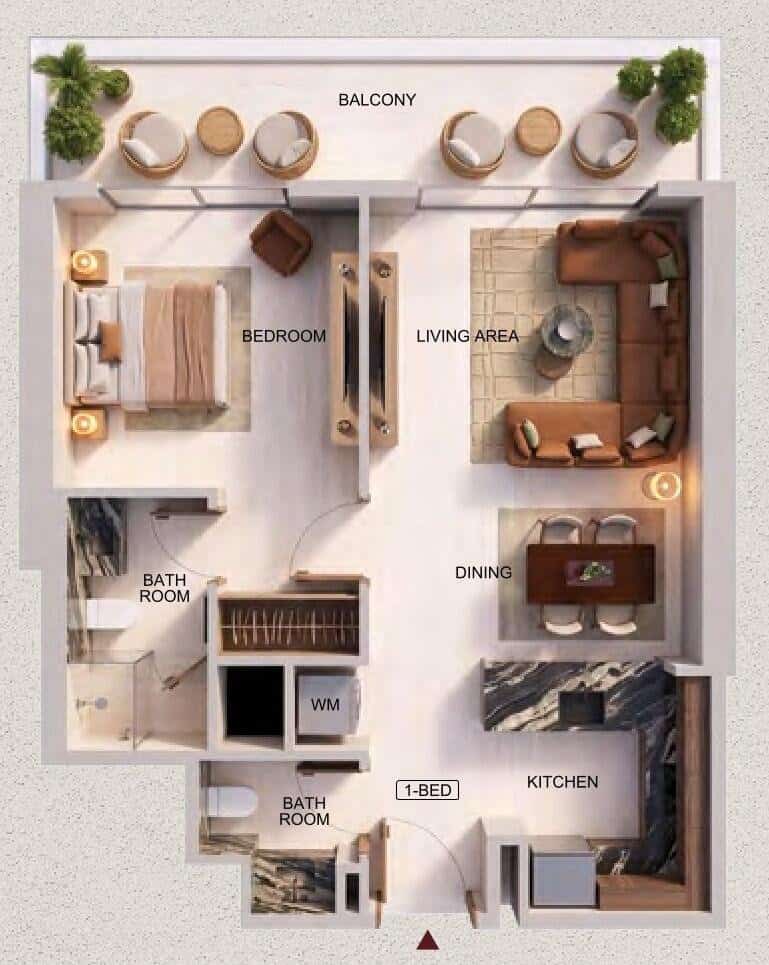 План однокомнатной квартиры площадью 65 м² в комплексе Binghatti Spectre, башня A, тип 02