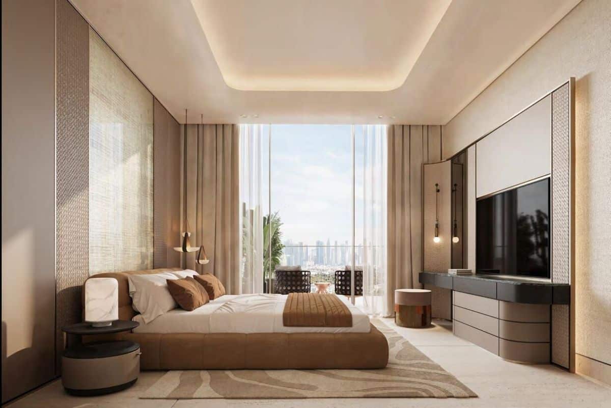 Salón de un piso nuevo en Al Jaddaf con ventanales con vistas al Dubai Creek