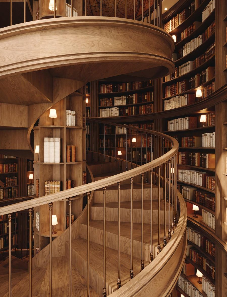 Zweigeschossige Bibliothek von „The Archive by Imtiaz“ mit Wendeltreppe