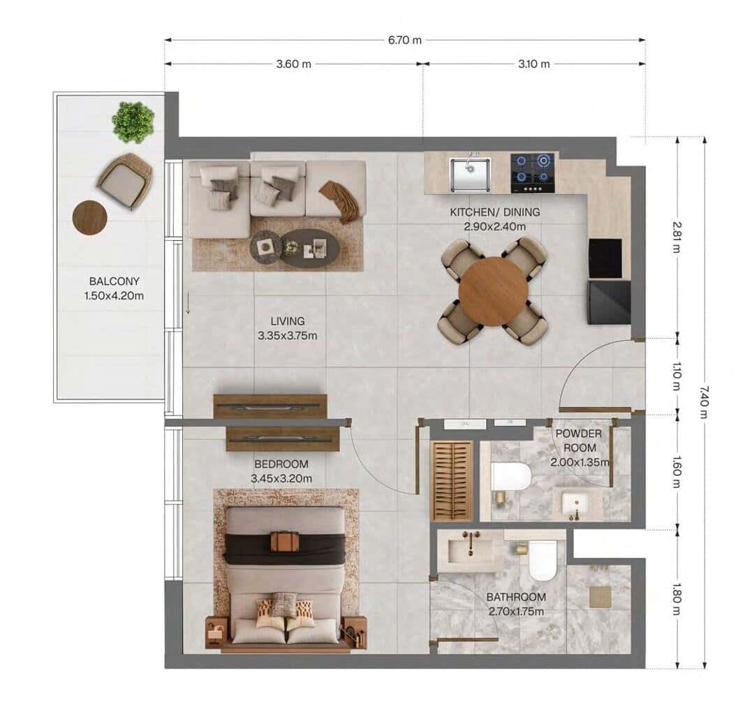 Grundriss einer 56 m² großen 1-Zimmer-Wohnung im „The Archive by Imtiaz“, Typ 1A