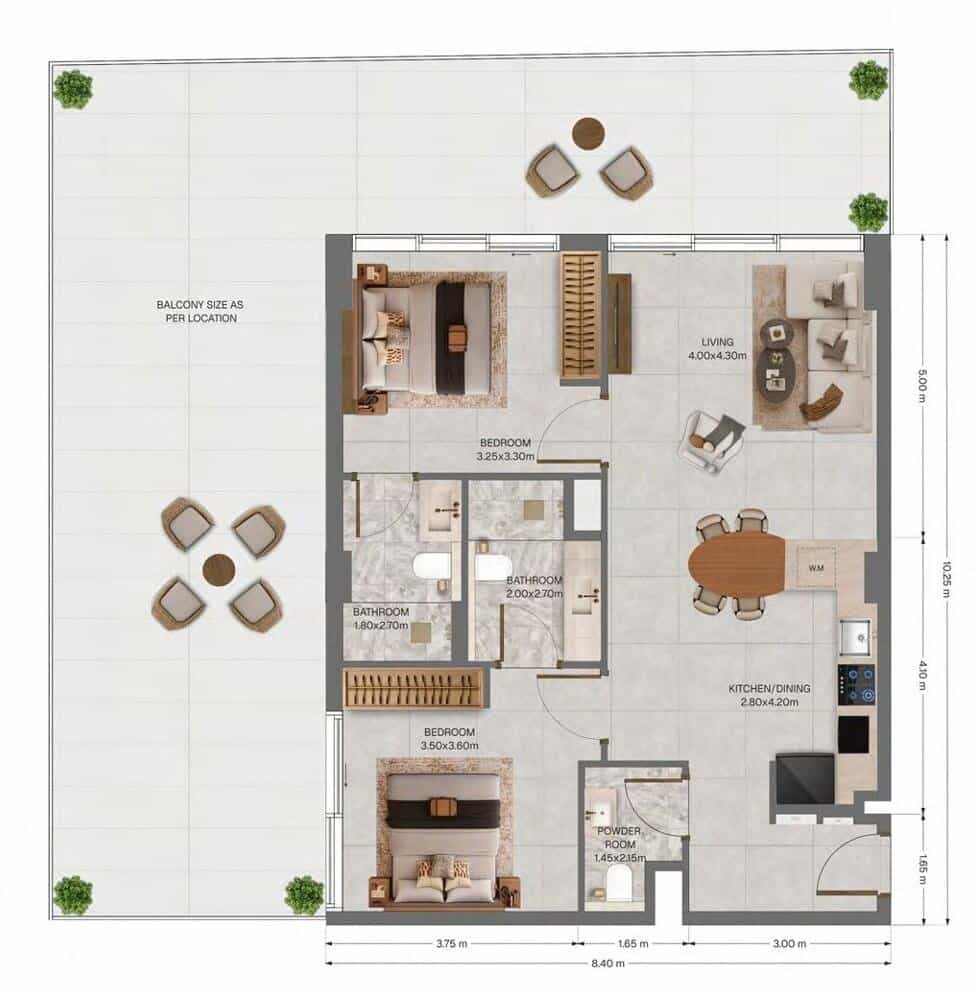 Grundriss einer 96 m² großen 2-Zimmer-Wohnung im „The Archive by Imtiaz“, Typ 1B