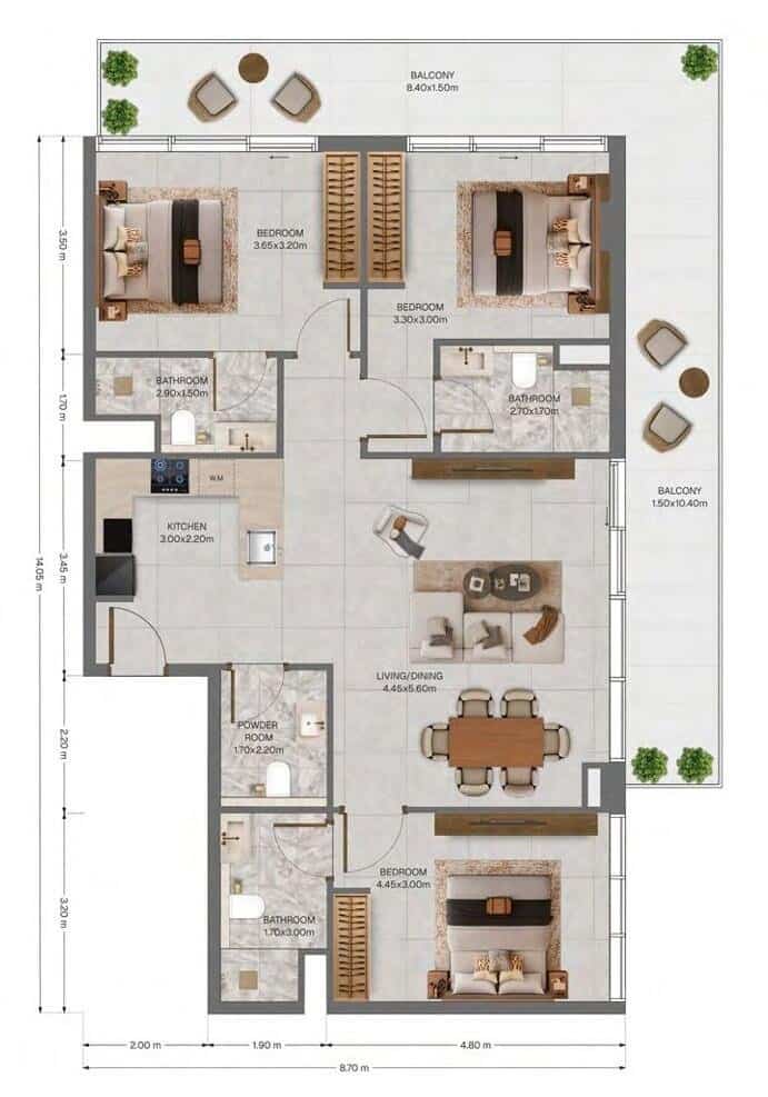 Grundriss einer 3-Zimmer-Wohnung mit 122 m² Wohnfläche im „The Archive by Imtiaz“, Typ 1A