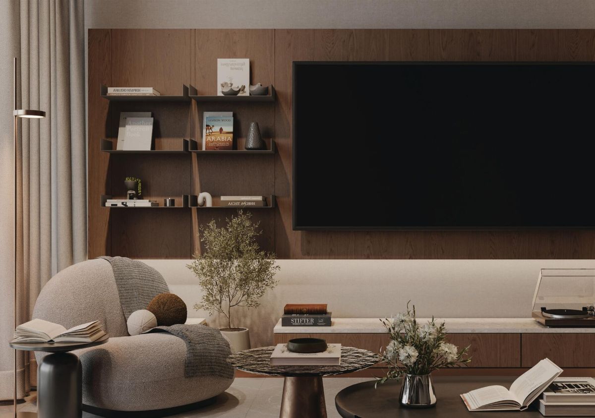 Wohnzimmer einer Wohnung aus der Kollektion „The Archive by Imtiaz“, Regale und moderne Möbel