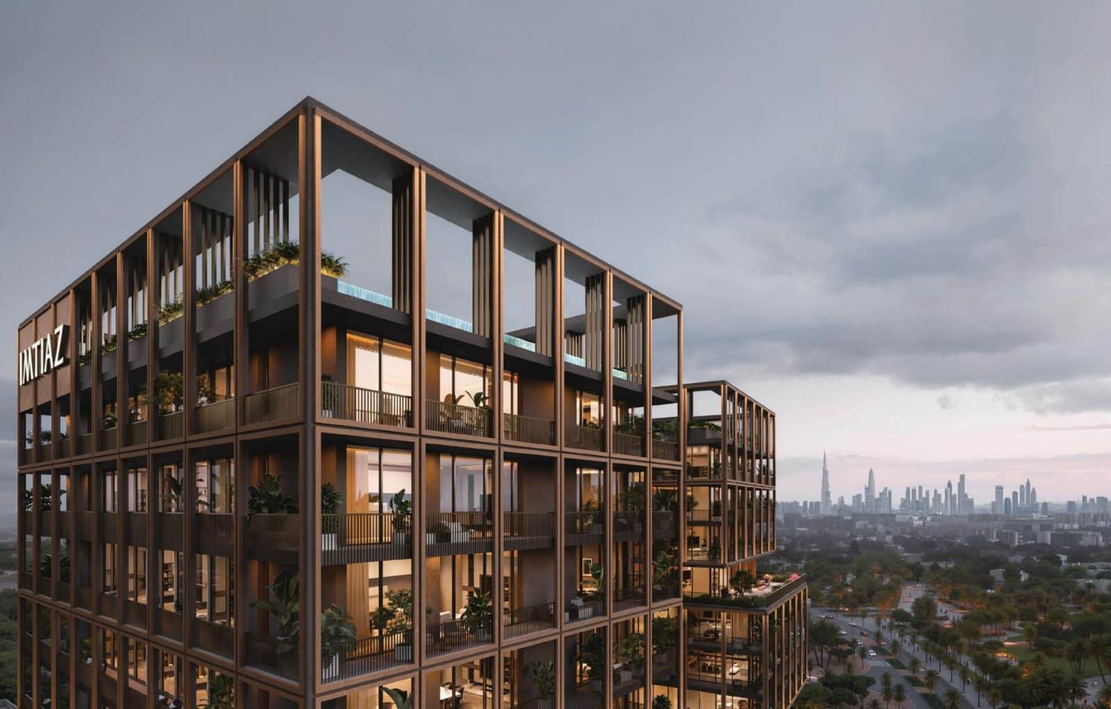 „The Archive“ von Imtiaz im Dubailand Residence Complex: Gitterfassade des 13-stöckigen Wohngebäudes