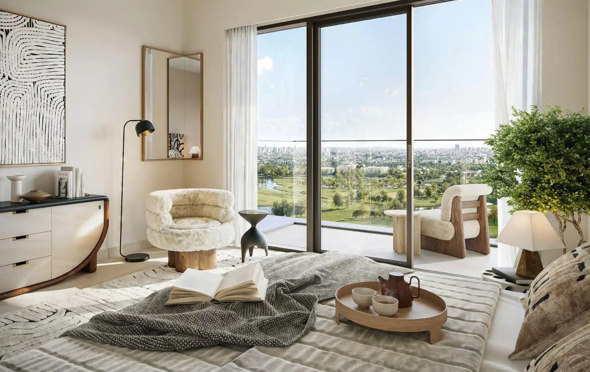 Визуализация спальни с балконом в проекте Albero от Emaar в Dubai Creek Harbour.