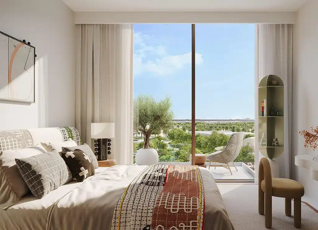 Визуализация спальни Hillsedge с панорамным остеклением и балконом в Dubai Hills Estate.