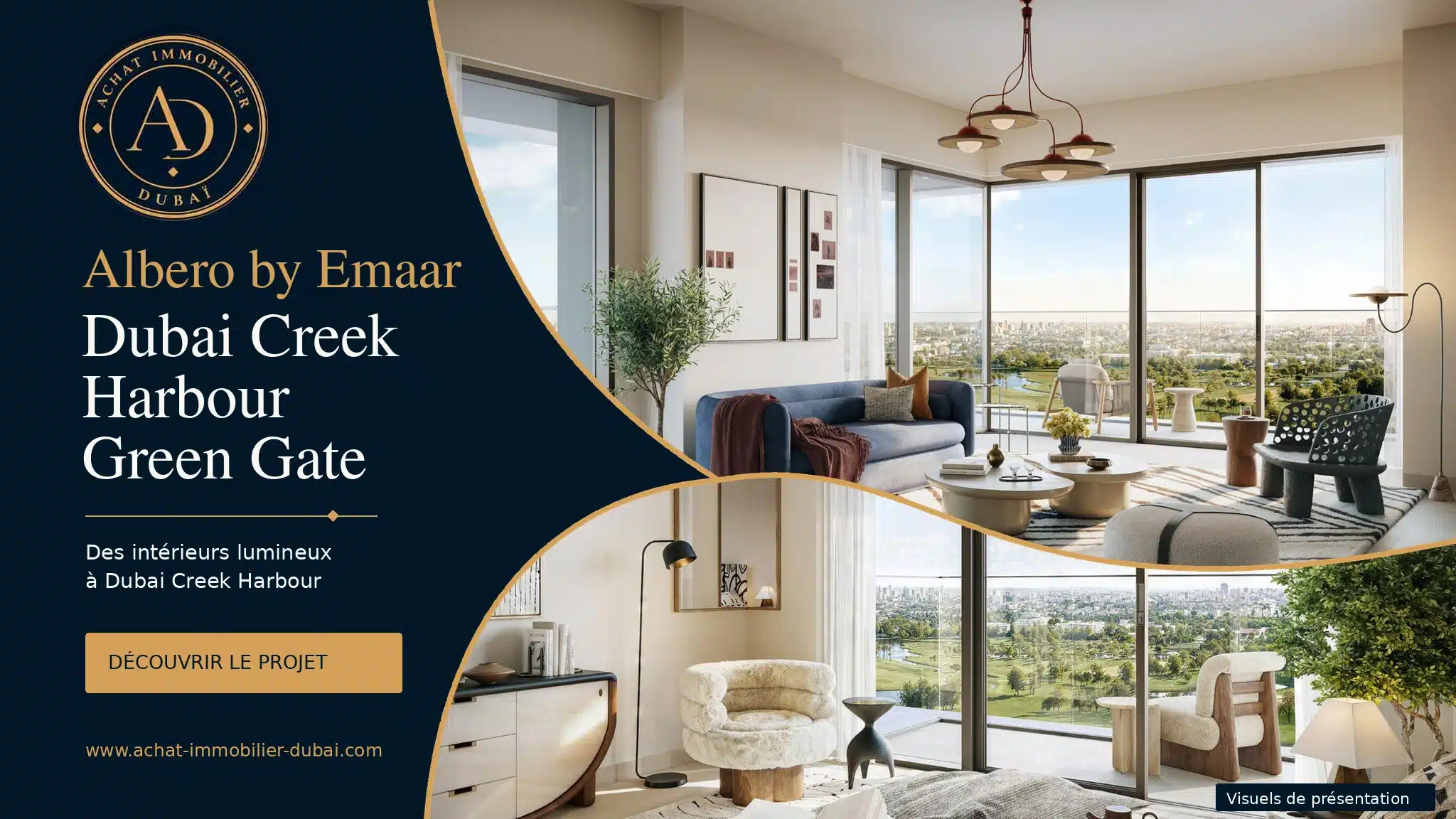 Обложка проекта Albero от Emaar в Dubai Creek Harbour с визуализациями гостиной и спальни.