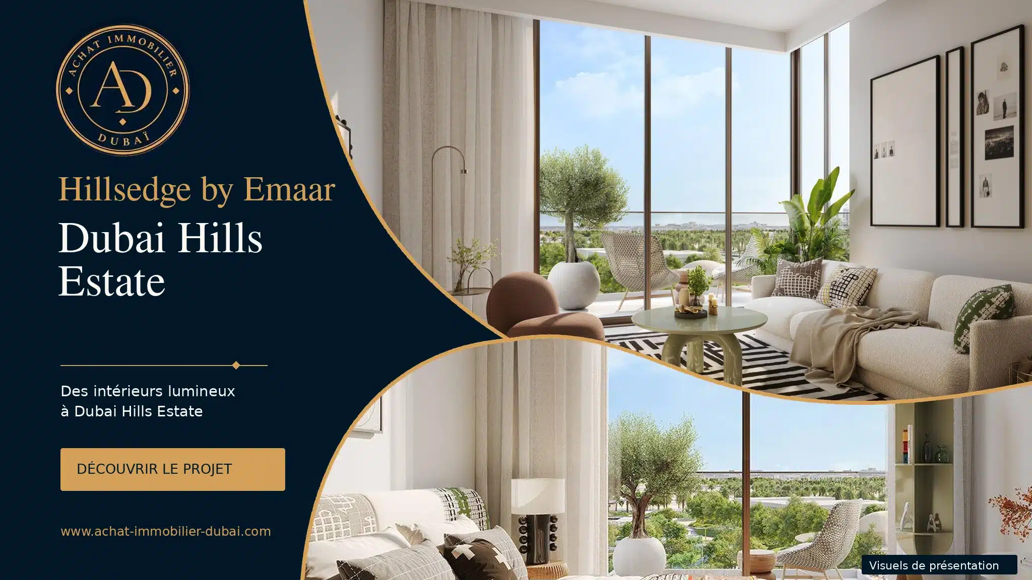 Обложка проекта Hillsedge от Emaar в Dubai Hills Estate с визуализациями гостиной и спальни.